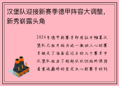 汉堡队迎接新赛季德甲阵容大调整，新秀崭露头角