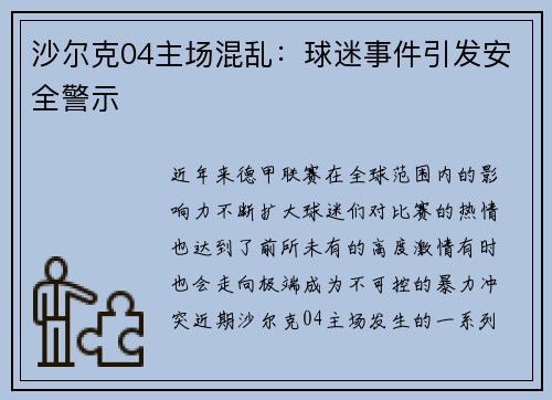 沙尔克04主场混乱：球迷事件引发安全警示