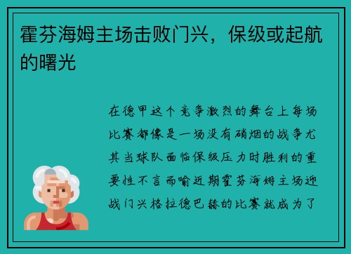 霍芬海姆主场击败门兴，保级或起航的曙光