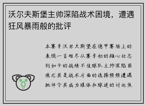 沃尔夫斯堡主帅深陷战术困境，遭遇狂风暴雨般的批评