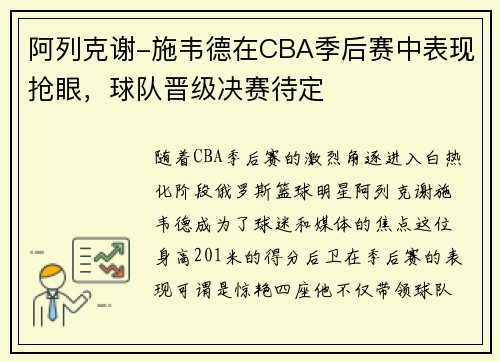 阿列克谢-施韦德在CBA季后赛中表现抢眼，球队晋级决赛待定